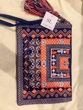 NWT SL By Street Level Royal Blue Orange Embroidered Mirror Clutch Pouch